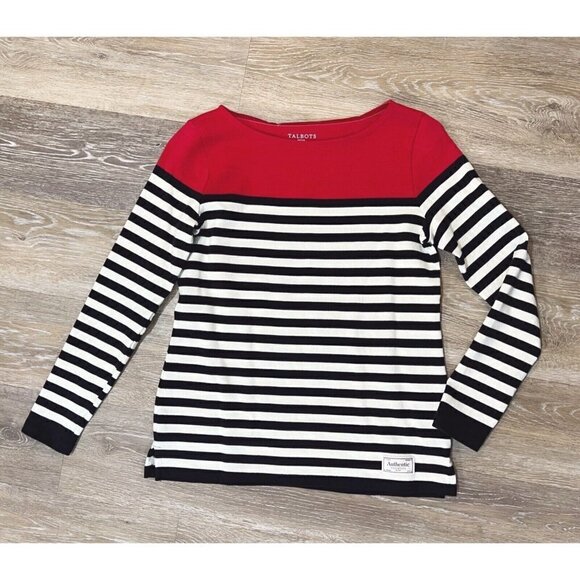 Talbots Sz PP Petite XS Red Black Nautical Striped Boat Neck Knit Top Womens - Picture 1 of 7